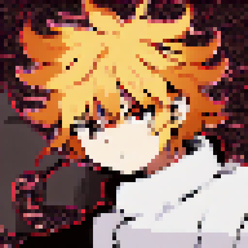 Demon slayer wielding a glowing sword, with fiery eyes and spiky hair, against a dark, pixelated background, in a character portrait close-up rendered in anime style.