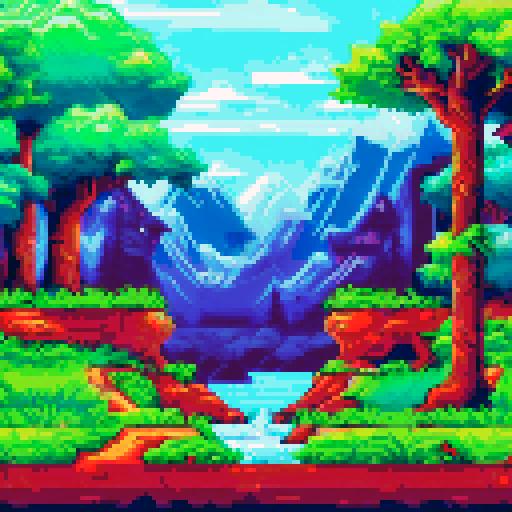 Frozen mountains looming behind a crystal-clear river, icy pine trees swaying in the wind, a small hero standing at the edge of the water, ready to jump into the unknown