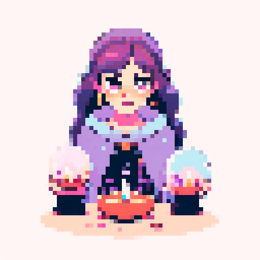 Colorful Illustration of a charming young witch with a boho vibe, reading a crystal ball, viewed from the client's perspective, mystical atmosphere with candles and herbs