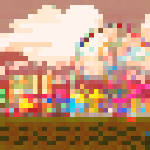 wide shot amusement park, vibrant colors, whimsical carousel, towering roller coaster, ferris wheel in motion, candy-colored stalls, pixel art style