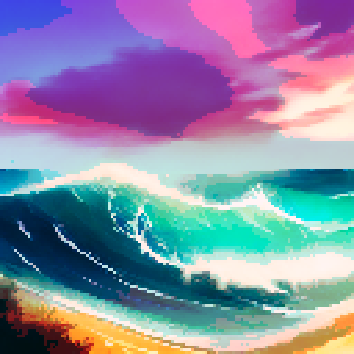 Ocean waves crashing against golden sands, a vibrant orange and pink sky stretching across the horizon, a serene seascape at sunrise, a picturesque landscape portrait of the ocean front