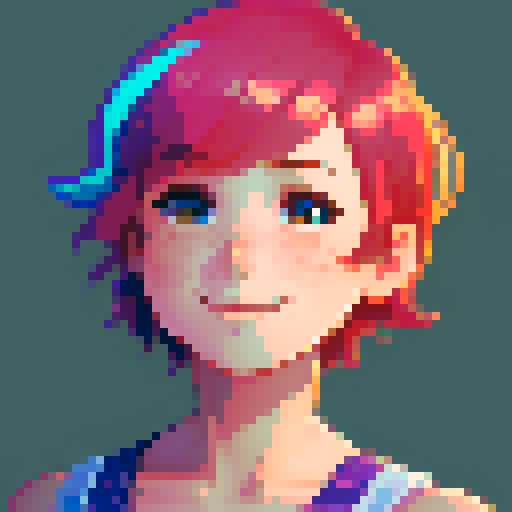 stardew valley-inspired, woman, pixel art, sRGB, vibrant colors, rustic backdrop, short hair, glowing skin, gentle smile, freckles, rosy cheeks
