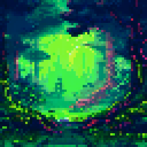Towering trees, twisted roots, and moonlit mist shroud the eerie, foreboding forest in a pixelated masterpiece of sRGB landscape art