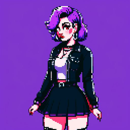 Plus size busty greaser goth girl, with long purple hair, eyeliner, red lipstick. wearing a skirt and studded collar. Posing for a portrait, avatar photo. vibrant sRGB colors, pixel art, edgy aesthetic