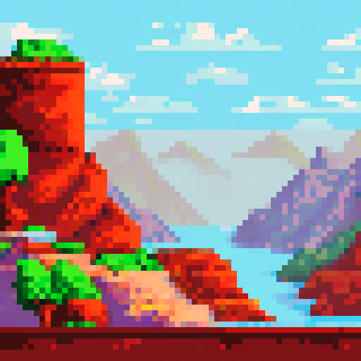 Mountains towering over a vibrant, sun-drenched Anatolian landscape, rendered in pixel art with a sRGB palette