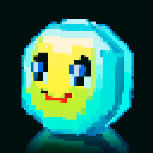 A sparkling, semi-transparent slime with a crystalline structure. It has shimmering facets, bright eyes, and a cheerful smile, with light reflecting inside. No background.
