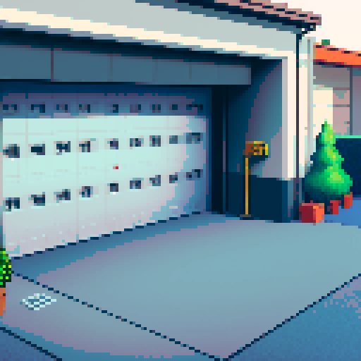 Large open garage for cars, grey, asphalt, tools, auto parts. Cars are being repaired inside, pixel art