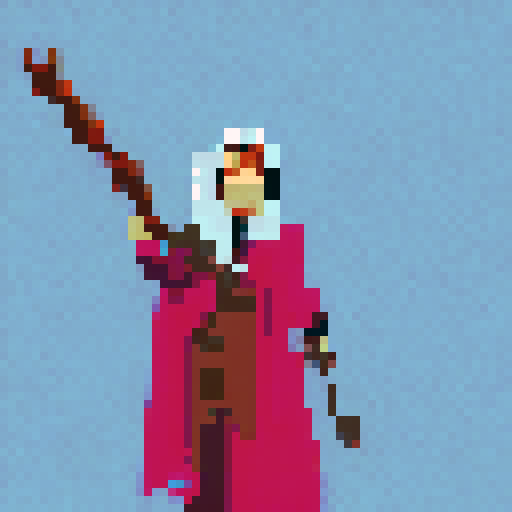 Hooded, mysterious, ancient, powerful, potion-brewing, staff-wielding, spell-casting, dark magic-warlock, wearing flowing robes and a pointed hat, standing full-body in front of a pixelated, mystical, sRGB-colored landscape.