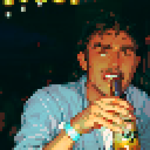 handsome, long-haired guy, drinking beer, with a pixel art style