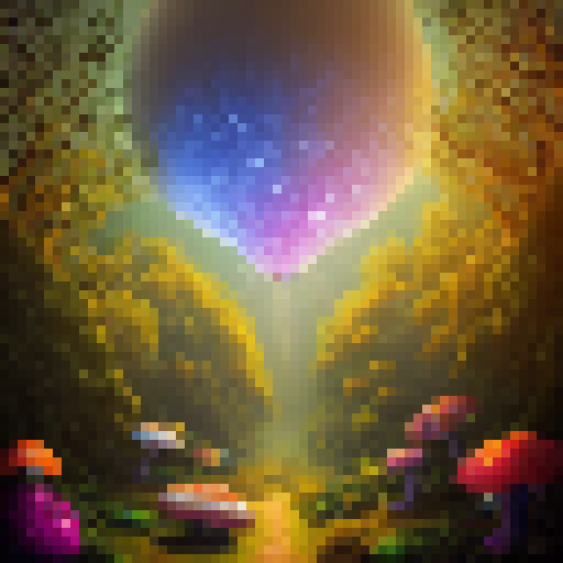 A mystical apple, shimmering with iridescent colors, produces a burst of sparkling magic as it grows in a whimsical forest full of glowing mushrooms and fireflies.