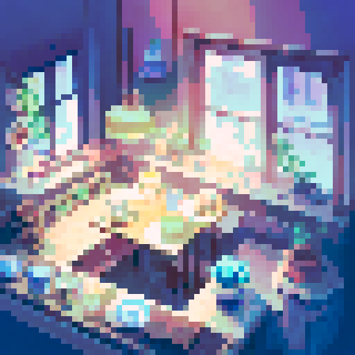 busy city cafe interior, winter cold, crowded tables, steaming cups, baristas brewing coffee, pixel art, sRGB