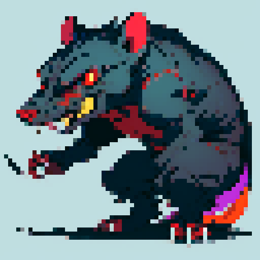 Big, deadly rat, menacingly standing on hind legs, sharp teeth bared, glowing red eyes, pixel art, vibrant sRGB colors