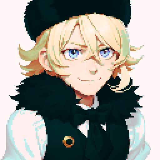 visual novel sprite,  solo male, straight-on, inframe, facing viewer, perfect anatomy, looking at viewer, round pupils, best quality, very aesthetic, {{{{{blonde eyelashes}}}}}, light blonde, smile, closed mouth, light pink eyes, tareme, hair between eyes, ushanka hat, black fur collar, visual novel sprite, black vest, puffy sleeves, black elbow gloves, solo male, sadistic, inframe, round eye, full body, big hair, short hair, cute style 