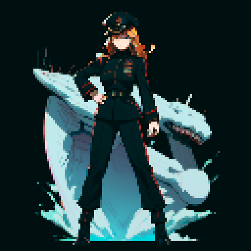 full-body image, military general woman, black uniform, black hat, facing left, ready to fight