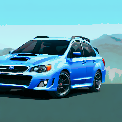 Photorealistic whole Subaru Imperza WRX, centered, three-quarter view, right front wheel, clean background, sRGB colors, pixel art style
