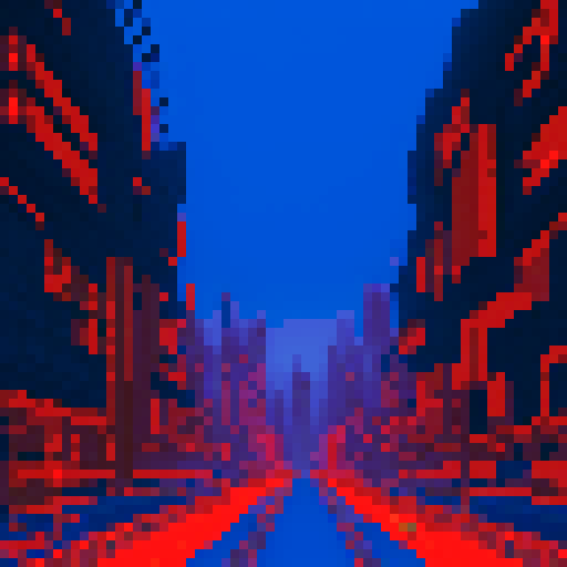 A red and blue cyberpunk city