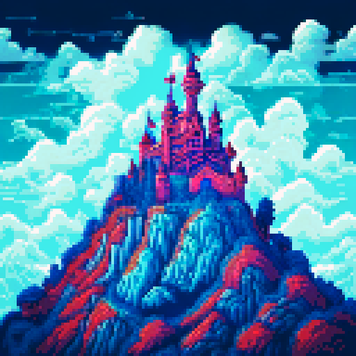 big, menacing castle towering on a hilltop, surrounded by a vibrant, pixelated landscape, with a meticulously detailed sRGB color palette, creating an eerie and foreboding atmosphere, close up
