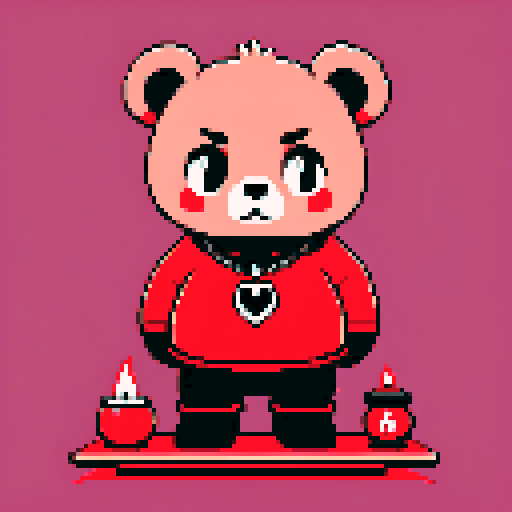 Gothic chibi chubby bear surrounded by red background, black shadows, button eyes, brown fur, looks like a doll. There is a magic ball on a table with a red tablecloth, a satanic pendant around his neck, a glowing wax candle burning at the back. A mascot pose is used, the whole image looks like a poster for an old retro pixel video game.