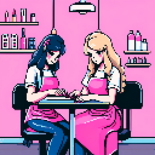 A nail tech with long blonde wavy hair, wearing a pink apron, sitting in front of a brunette girl weading jeans at a table in a nail salon.
