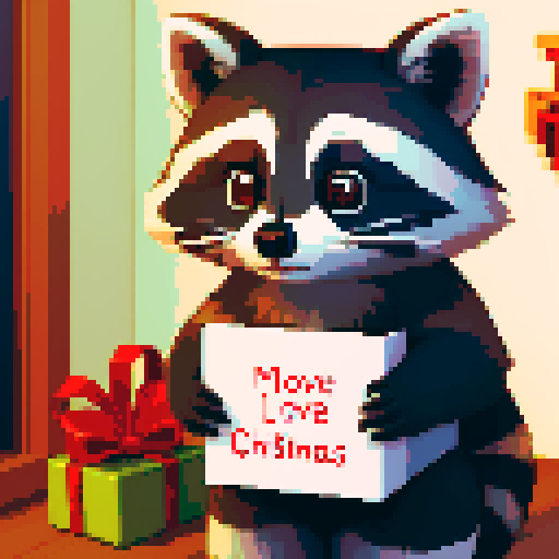 Raccoon holding a christmas letter that says "With love for Jess"