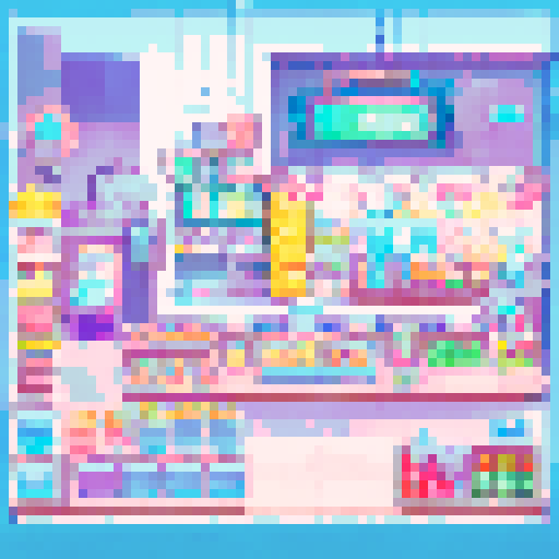 convenience store checkout counter, brightly colored candies, flickering fluorescent lights, rows of glossy magazines, colorful lottery tickets, stacks of soda cans, rows of cigarettes, a cash register, shopping baskets, landscapes and portrait paintings