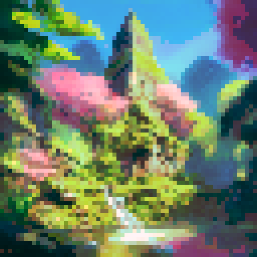 Jungle castle, lush green foliage, vibrant colors, cascading waterfalls, towering architecture, golden light, portrait style.