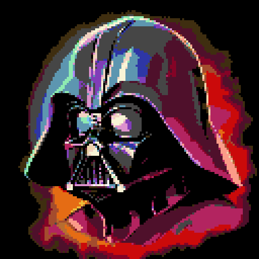 colorful, comic book style, Pop art inspired, Darth Vader helmet, vibrant colors, bold lines, exaggerated features, landscape portrait