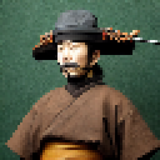 Samurai with a sword fighting while face is covered by a hat

