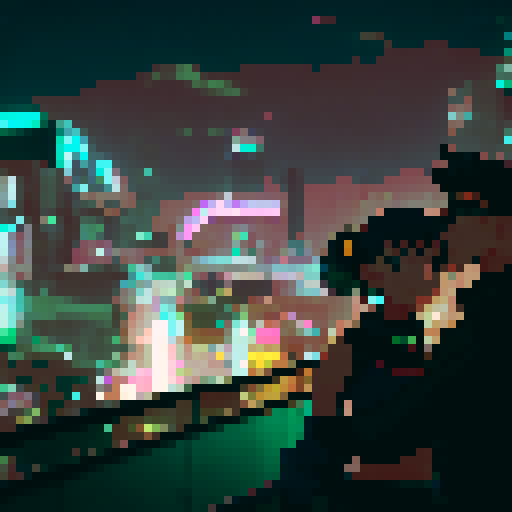 Engineer woman and her lover, deeply in love, surrounded by futuristic machinery and neon lights, captured in a romantic anime style.