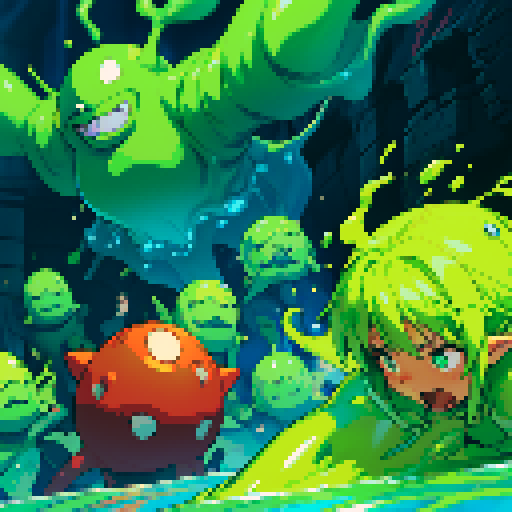 slime surging up around someone, slime engulfing a hero, slime consuming a hero, hero getting engulfed by slime, slime attack, dynamic, slime slamming into someone, impact, splashing slime