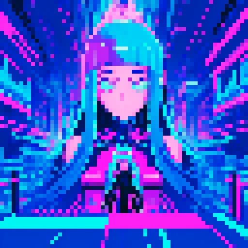 cute girl with big, expressive eyes, long blue hair, vibrant neon colors, pixel art aesthetic, futuristic cityscape filled with towering skyscrapers and holographic billboards, glowing neon signs reflecting off rain-soaked streets, characters wearing edgy, futuristic fashion, dramatic lighting casting long shadows, intricate circuitry and glowing cybernetic, landscape portrait