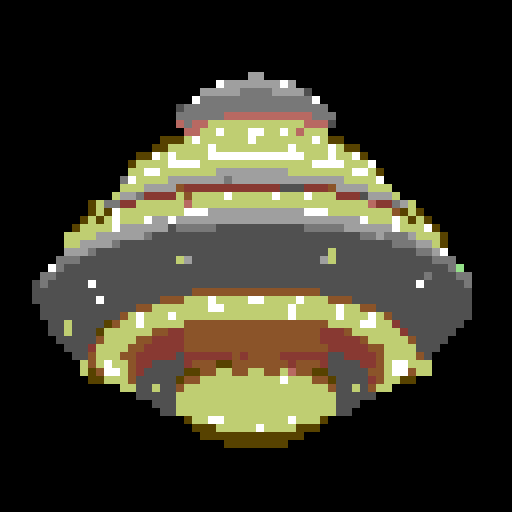 wide silver flying saucer, with twinkling yellow lights, viewed from below at an angle