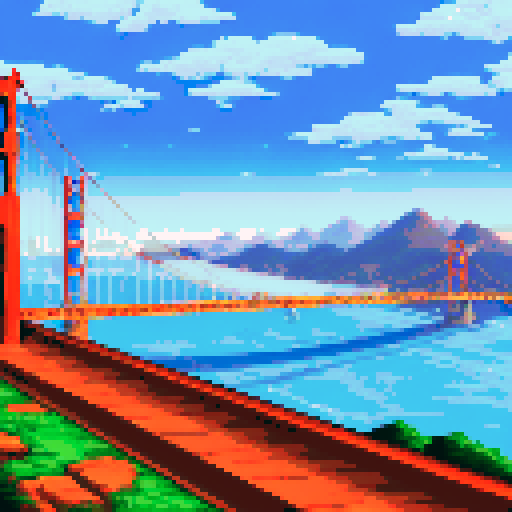 Golden Gate Bridge looming in the distance, fog rolling over the hills, cable cars traversing the streets, Victorian houses lining the roads, and a bustling waterfront scene