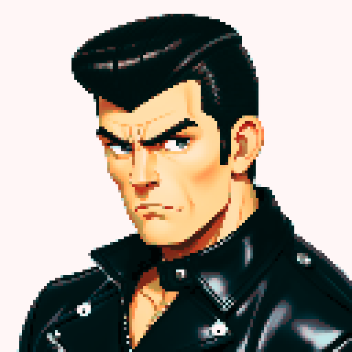 Muscular, tough greaser man with a pompadour hairstyle, wearing a motorcycle jacket, pixel art, sRGB colors, portrait, face avatar