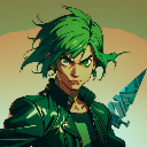 male character, green hair, holding two knives, space pirate, brown leather jacket, retro video game style, pixelated details, no background, dynamic poses