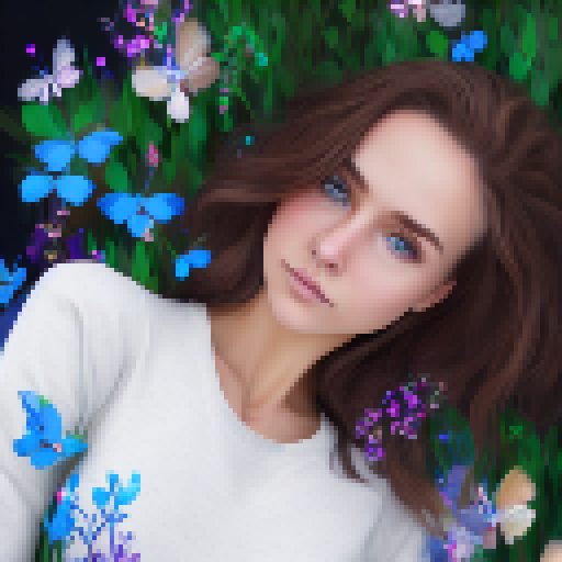Brown-haired, blue-eyed girl in 128x128 pixel portrait style, surrounded by vibrant flowers and butterflies.