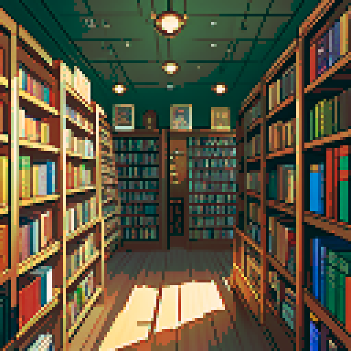 Bookstore, cozy, with shelves overflowing with books, pixelated book covers, creating a charming, sRGB, 2d pixel art scene