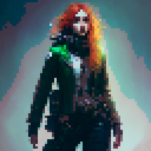 Long hair redhead female, green eyes, wearing steampunk clothes, short white skirt, leather boots