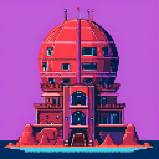 a single building in the style of planet Mars, with colors used fro pallet ARNE 32
