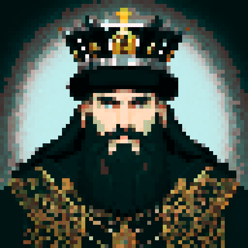 king, regal, black metall crown, black crown, majestic, stoic expression, sharp features, detailed beard, silver accents, royal robe, intricate embroidery, game icon, 32x32 pixel art, sRGB, skill art, close up, portrait