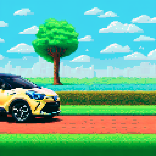 Photorealistic whole Toyota C-HR, centered, three-quarter view, right front wheel, clean background, realistic colors, pixel art style
