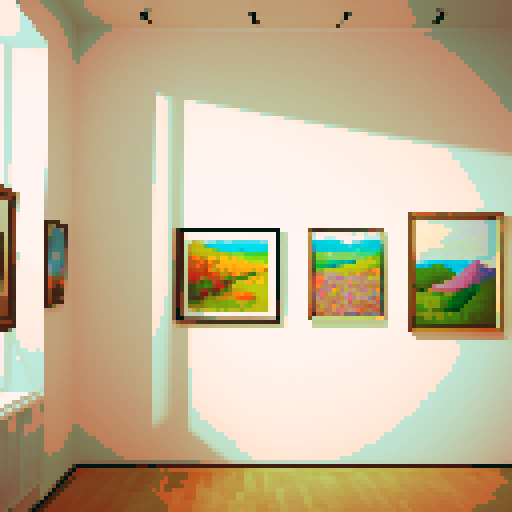 a warm and cozy art gallery with several paintings in view. something akin to the MOMA