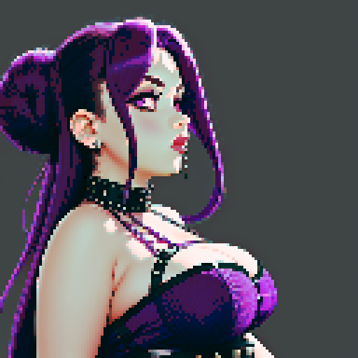 Low angle picture of Thicc, curvy, busty goth girl with studded collar, long purple hair in buns, fishnet stockings, studded halter top. sRGB