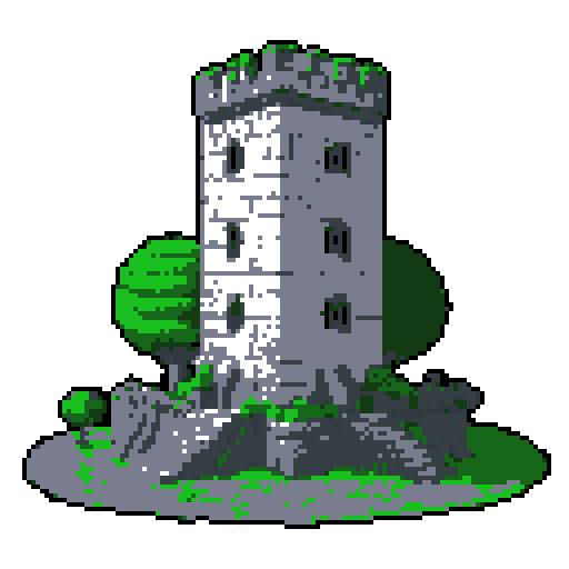 2d grey stone tower in an ancient english style. Old and crumbling but still upright. Green vines crisscross it. Usable as an asset (clear, thick lines and a white background). Put a black stroke around the composition