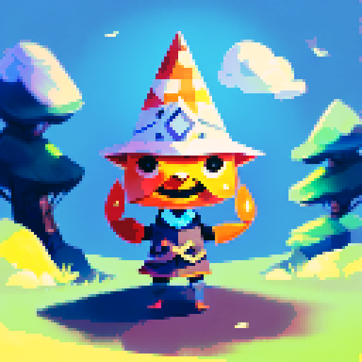 Orange-shelled crab magician wearing a cone hat, surrounded by twisted trees and ominous clouds, evoking a sense of mystery and magic in a dark fantasy landscape portrait