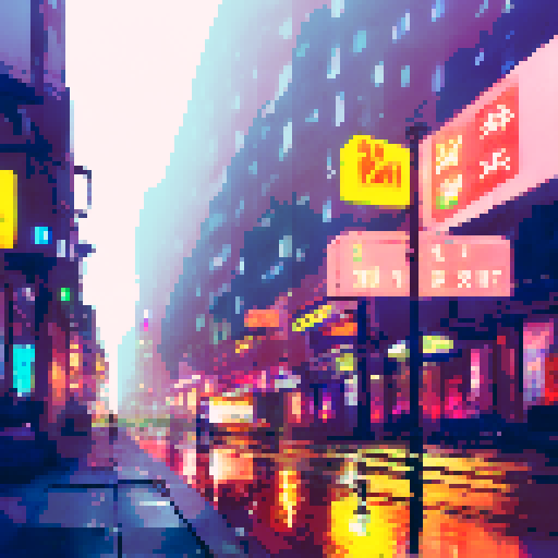 rain-soaked streets, towering skyscrapers, vibrant neon lights, cascading water droplets, misty reflections, umbrella-clad pedestrians, foggy silhouettes, glistening pavement, moody atmosphere, dramatic cityscape