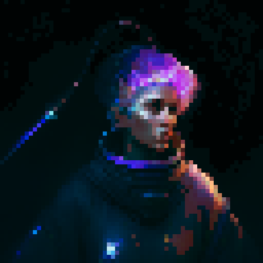 Female priest from the future, adorned in flowing robes and a headdress, holding a glowing staff, surrounded by holographic symbols and ethereal lights, in a majestic cathedral with stained glass windows depicting mythical creatures and celestial beings. Blue red and purple neon colours