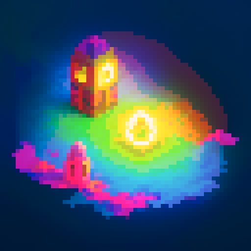 magical key, glowing with vibrant colors, surrounded by mystical symbols, rendered in intricate pixel art, against a background of dark sRGB hues
