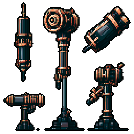 I want a tall vertical copper structure reminiscent of a minigun. It should have strange mechanical details that could interlock with each other. I also want this object usable as an asset in a videogame, meaning only one object per image, outlined with a strong black stroke, on a solid-color background.