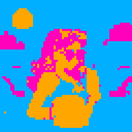 girl with vibrant pink hair, oversized sunglasses, holding a tropical fruity cocktail with a tiny umbrella, surrounded by colorful beach towels and inflatable pool toys, against a pixelated sunset backdrop